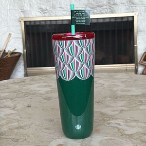 NWT Starbucks 2024 Holiday Green Pink Metallic Hot & Cold Insulated Tumbler